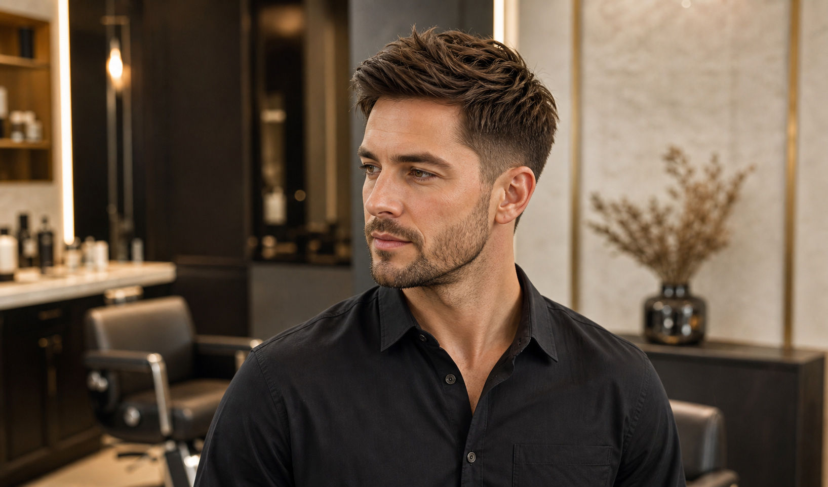 Male model with a modern textured haircut in a luxury salon.