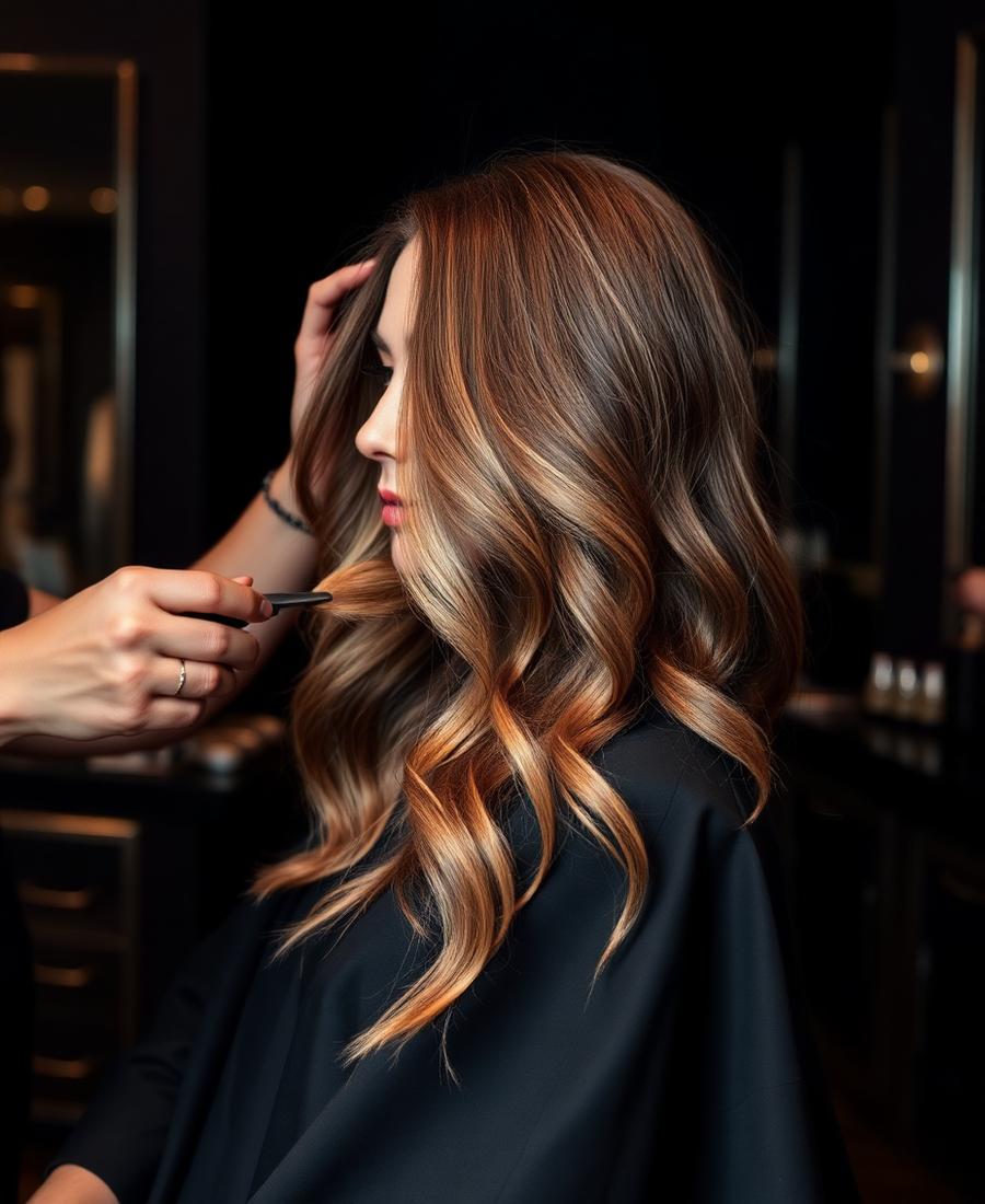 Freshly coloured, glossy hair styled in a luxury salon.