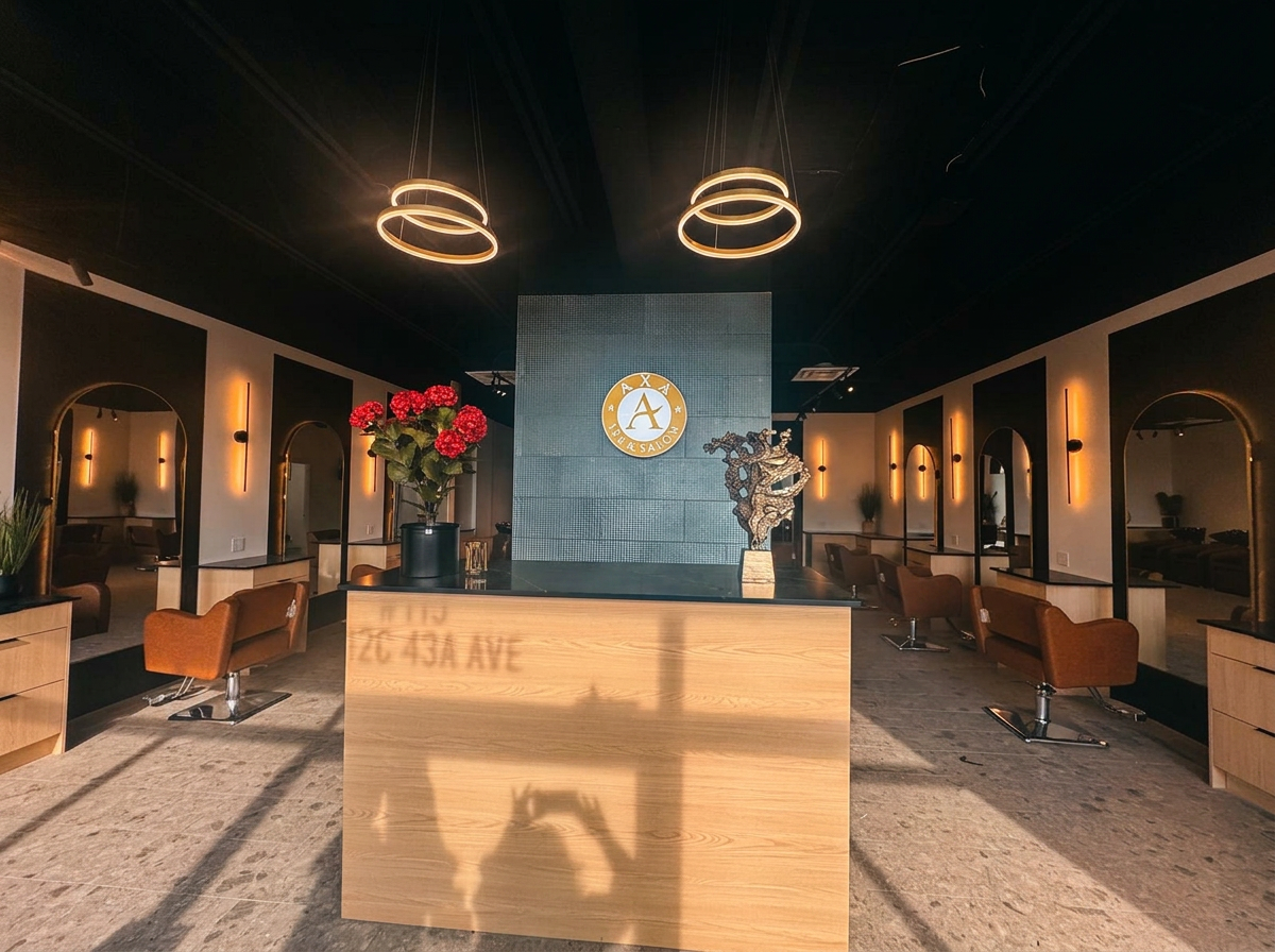 Welcoming reception desk and styling area beneath the AXA gold logo