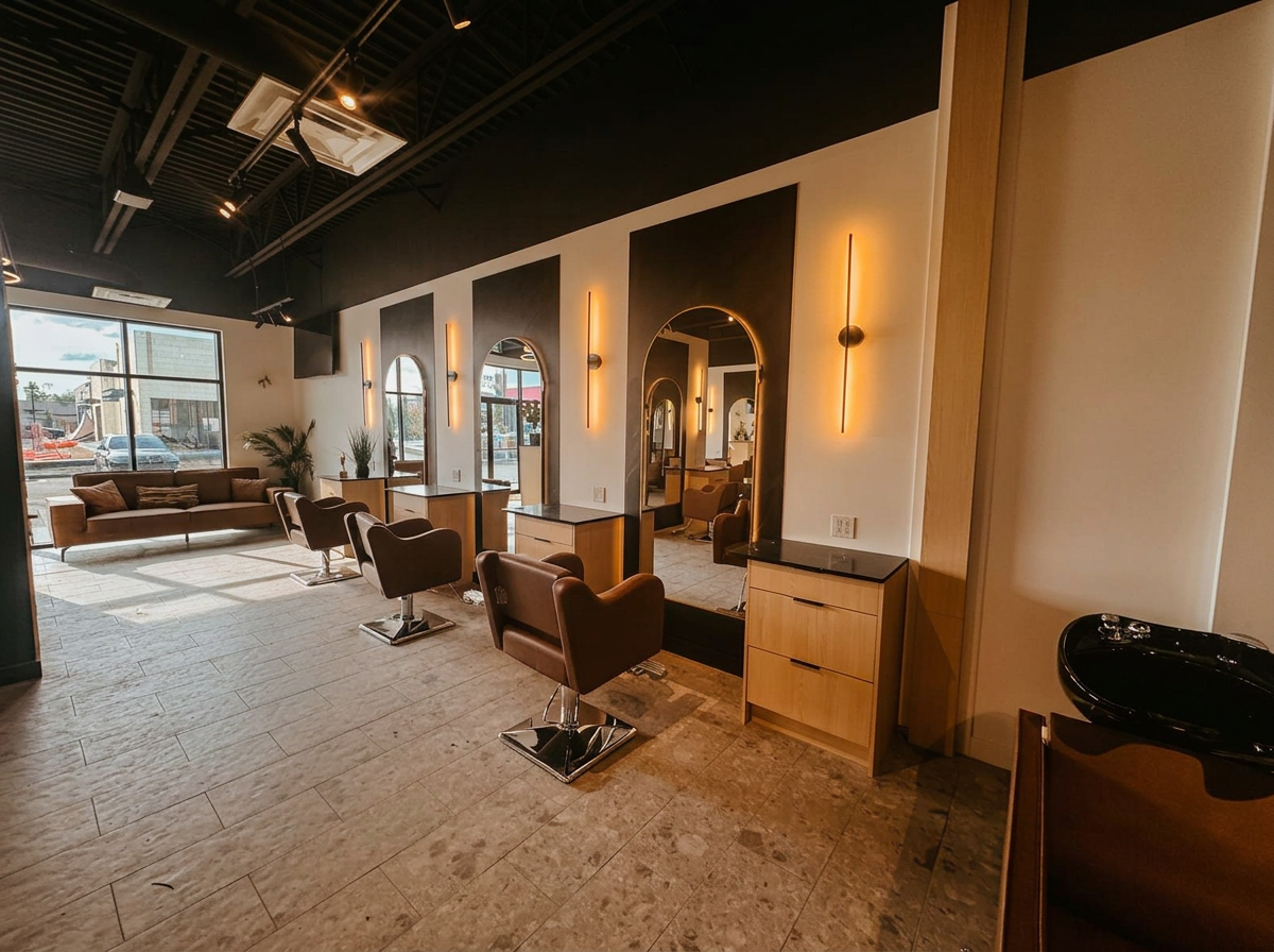Row of salon mirrors and styling chairs beside the sunlit front windows