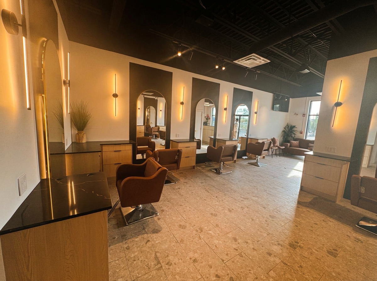 Styling stations with arched mirrors, warm sconce lighting and tan leather chairs