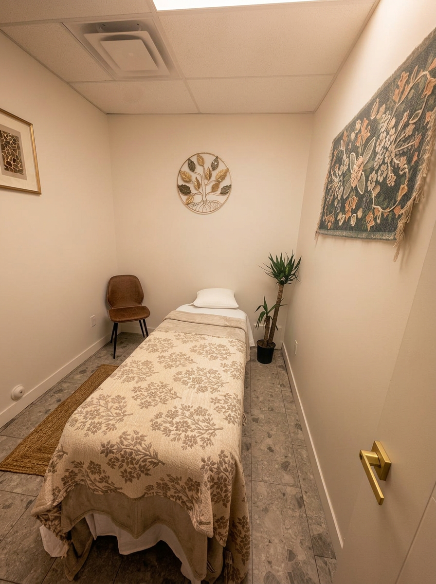 Private treatment room with a draped massage table, plant and wall art