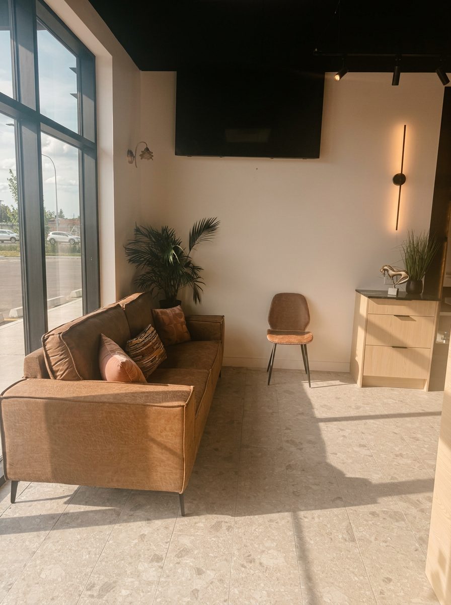 Waiting area with a tan leather sofa and floor-to-ceiling windows