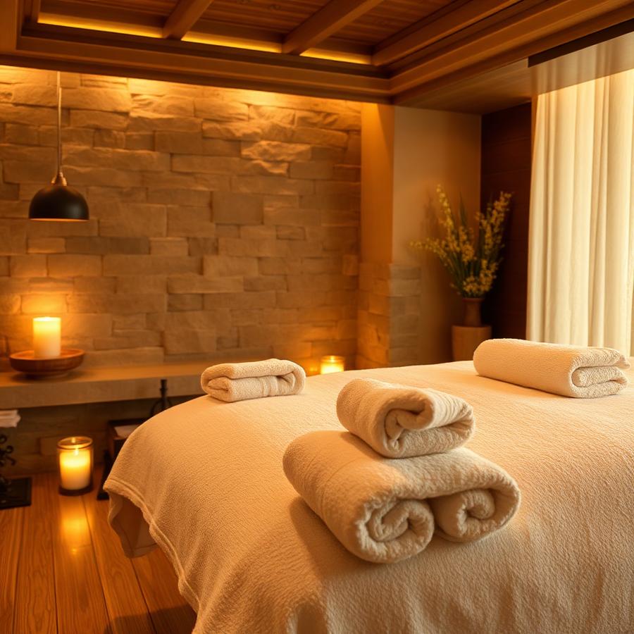 Quiet, warmly lit massage treatment room.